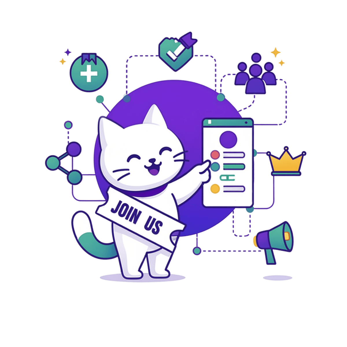 Friendly cat mascot holding a Join Us banner, surrounded by affiliate program icons