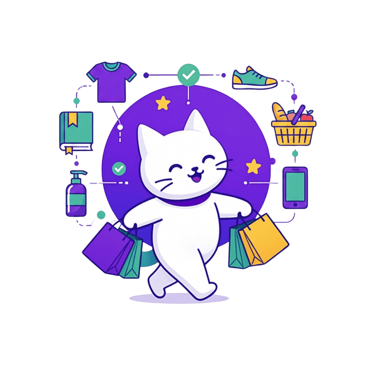 Cat mascot happily carrying shopping bags surrounded by product icons